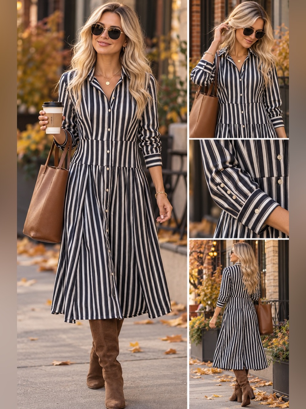Free Assembly Striped Belted Midi Shirt Dress Navy White XS 0-2
